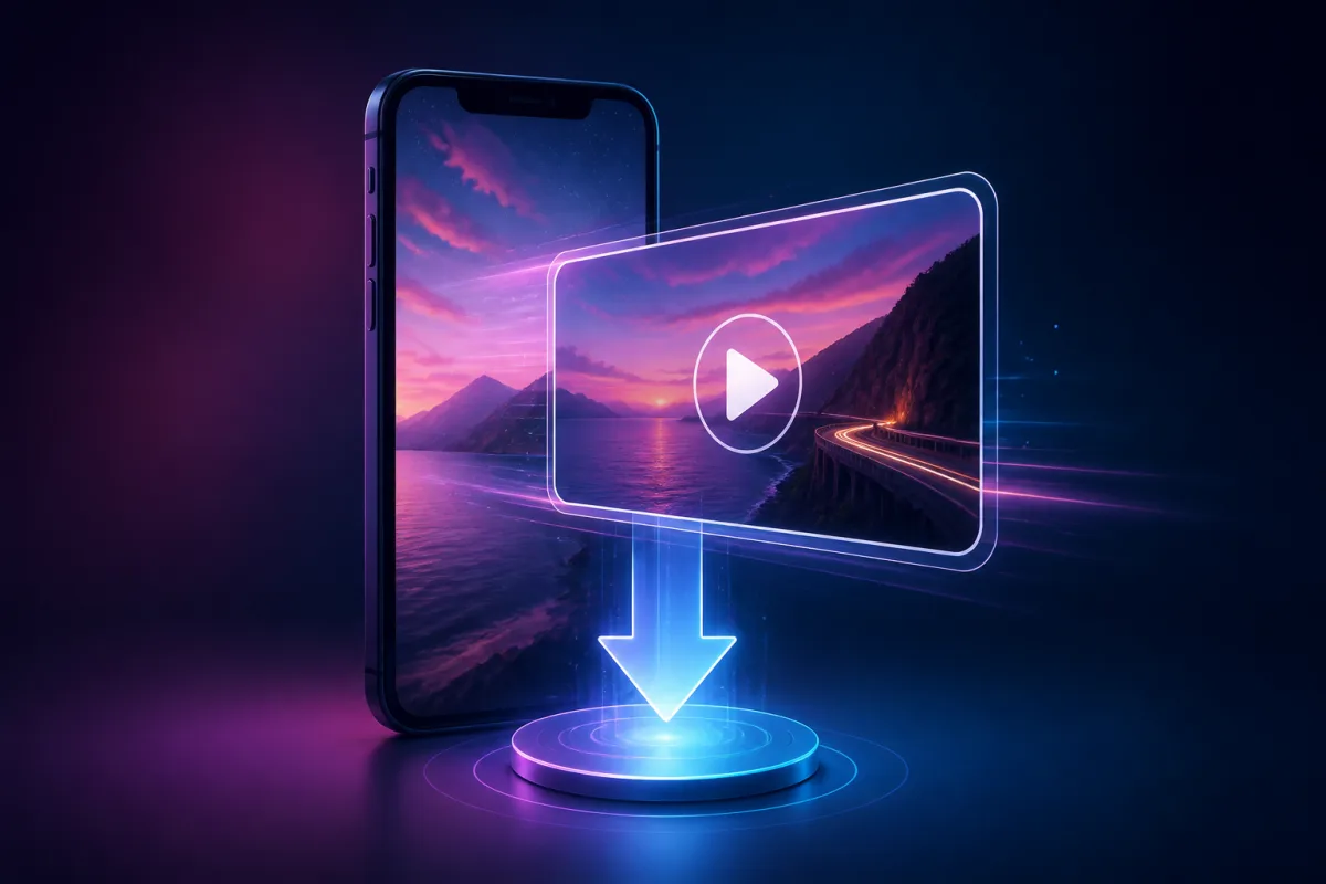 Ilustração de um vídeo sendo baixado de uma publicação no celular