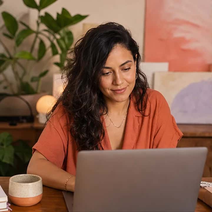 Criadora trabalhando em um notebook