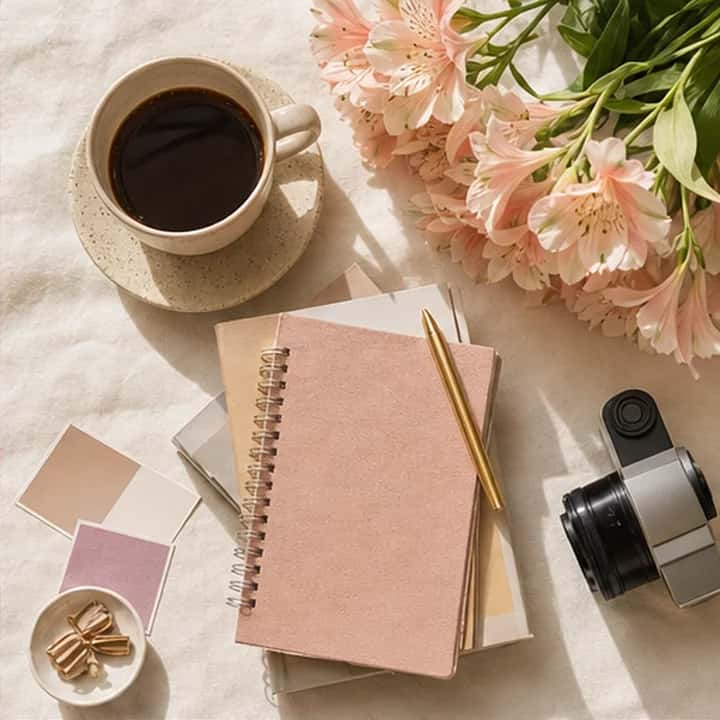 Café, flores e objetos de trabalho