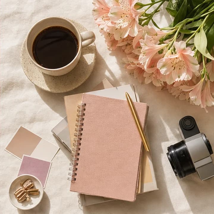 Café, flores e objetos de trabalho