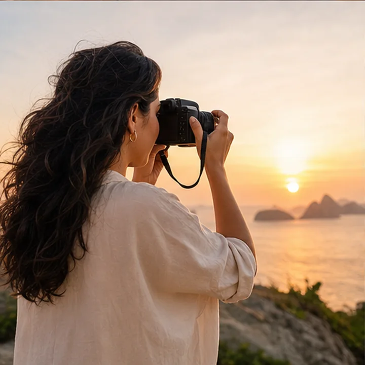 Criadora fotografando o pôr do sol