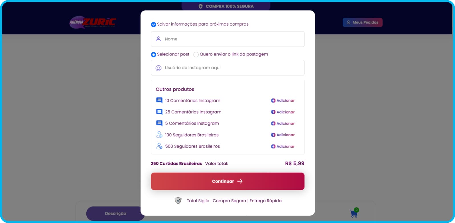 Popup comprar curtidas Instagram