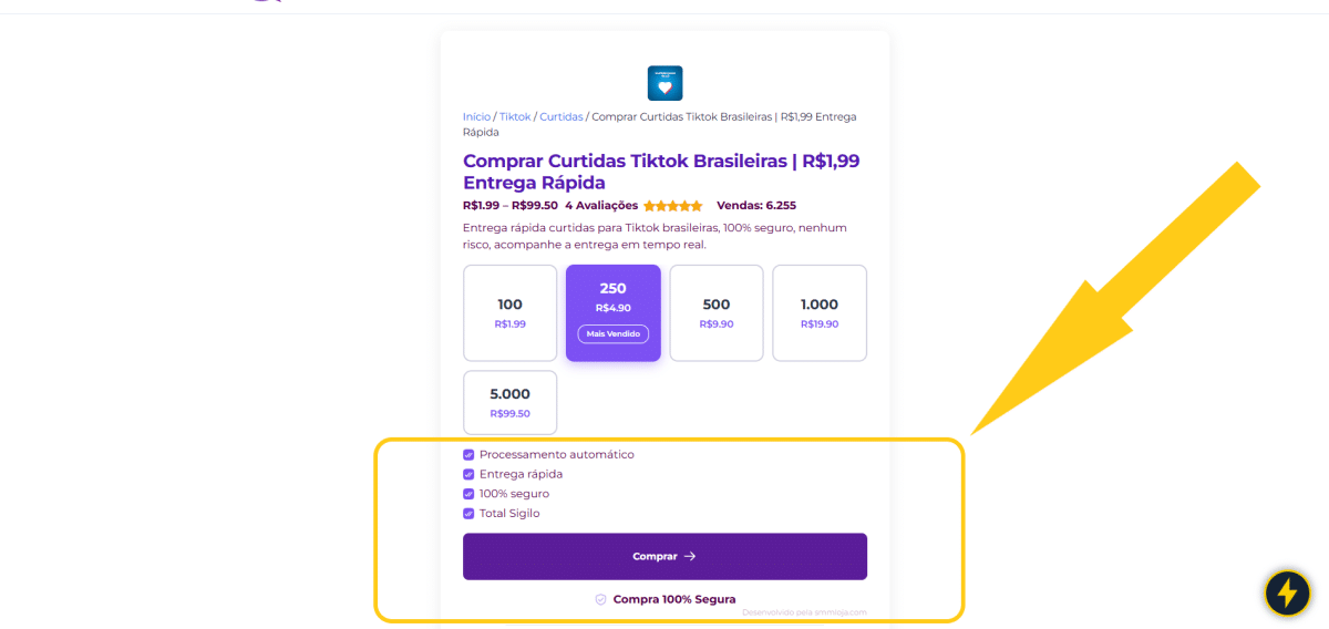 Comprar Curtidas Tiktok Brasileiras | R$1,99 Entrega Rápida 9 Print mostrando como comprar curtidas TikTok no site da Agência Zuric