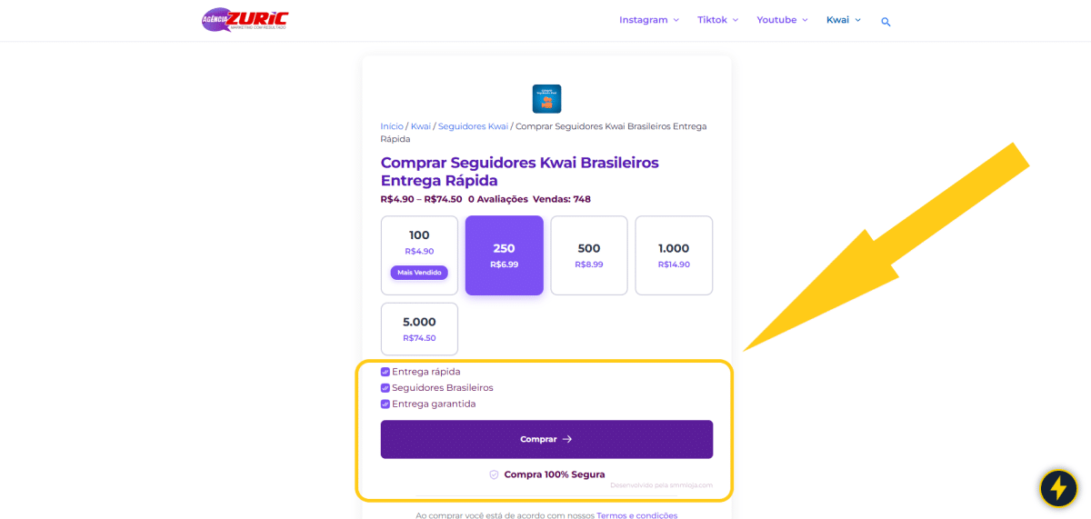 Comprar Seguidores Kwai Brasileiros Entrega Rápida 3 Print mostrando como começar a comprar seguidores Kwai na Agência Zuric
