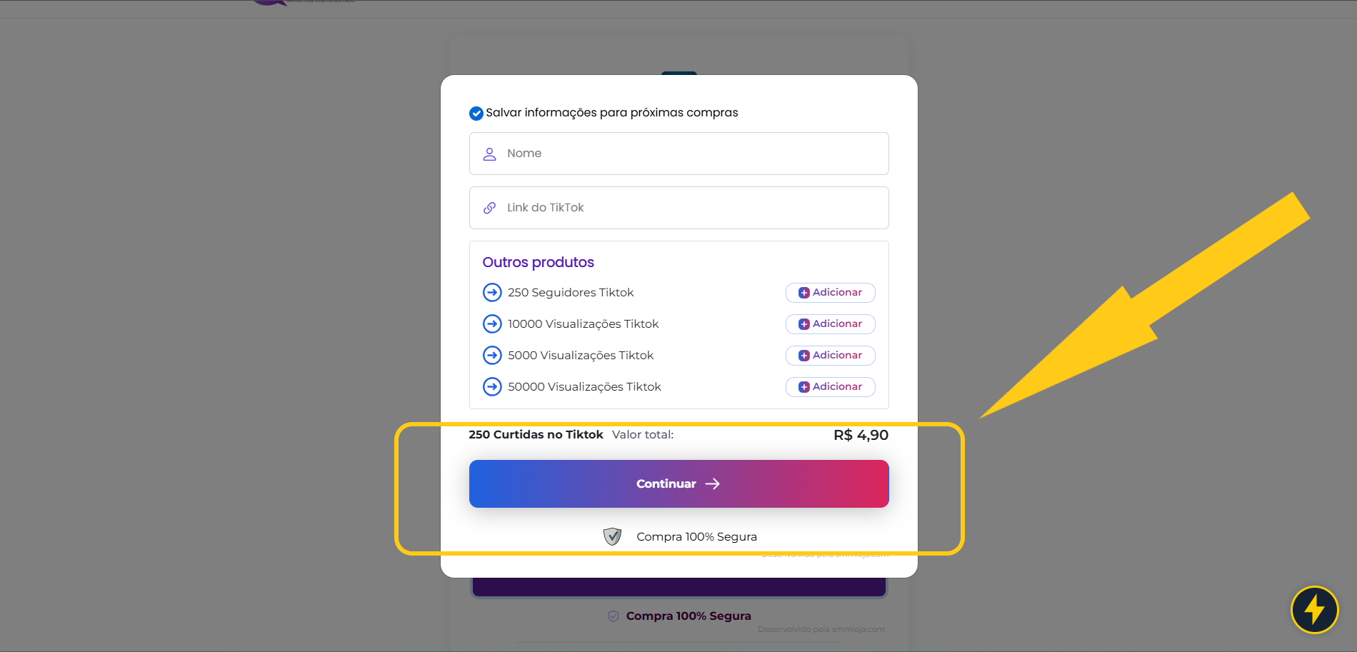 Comprar Curtidas Tiktok Brasileiras | R$1,99 Entrega Rápida 10 Print mostrando as informações necessárias para comprar curtidas TikTok