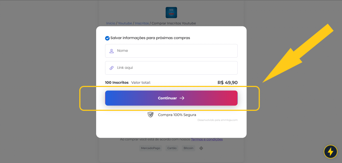 Comprar Inscritos Youtube | 100% Garantidos 4 Print mostrando quais informações inserir para comprar inscritos Youtube