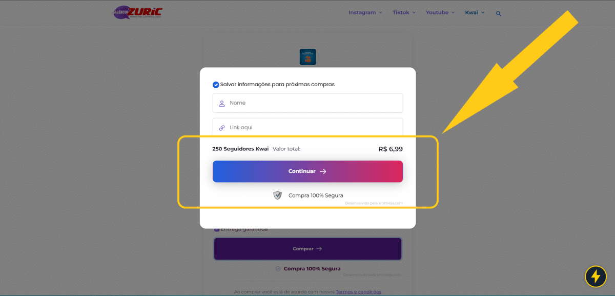 Comprar Seguidores Kwai Brasileiros Entrega Rápida 4 Print mostrando informações a preencher ao comprar seguidores Kwai