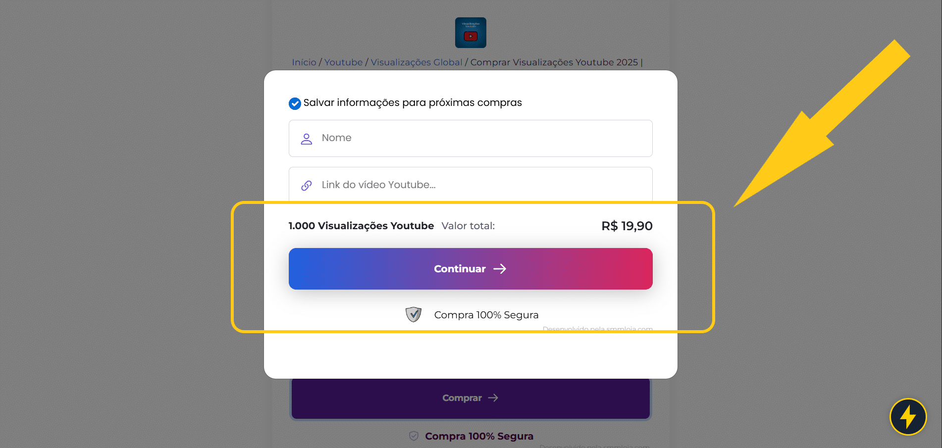 Comprar Visualizações Youtube 2026 | 100% Garantido 3 Print mostrando quais informações preencher para comprar visualizações Youtube