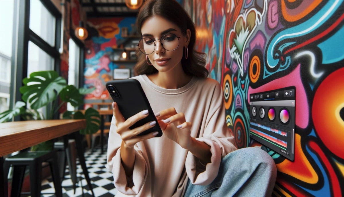 Digital influencer editando vídeos no celular