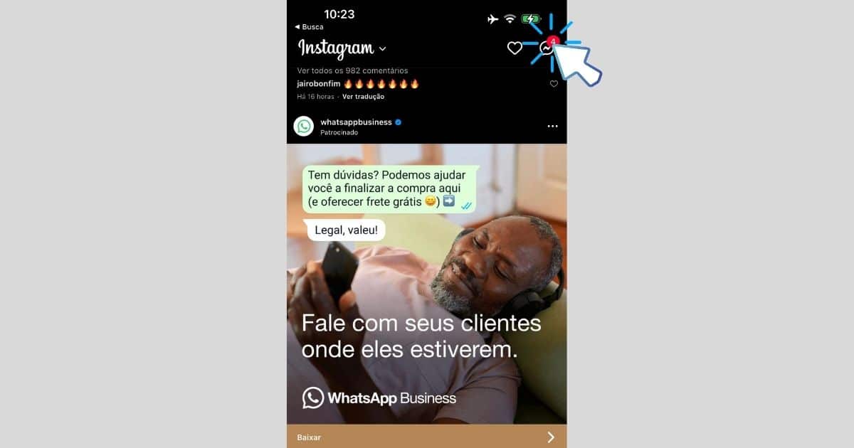 Imagem onde fica o direct do Instagram