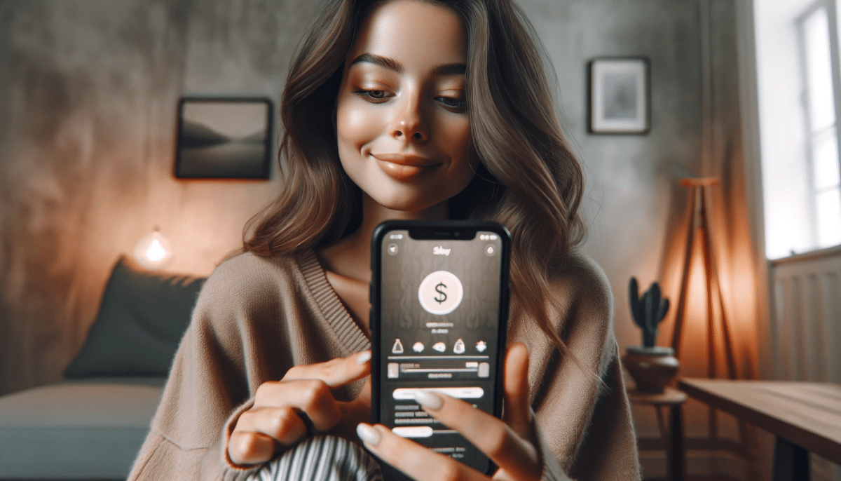 influencer usando o aplicativo Kwai no celular com um sorriso leve