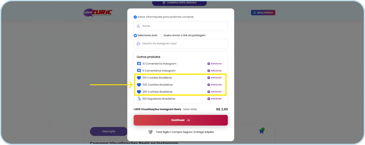 Pacotes de curtidas na compra de visualizações.