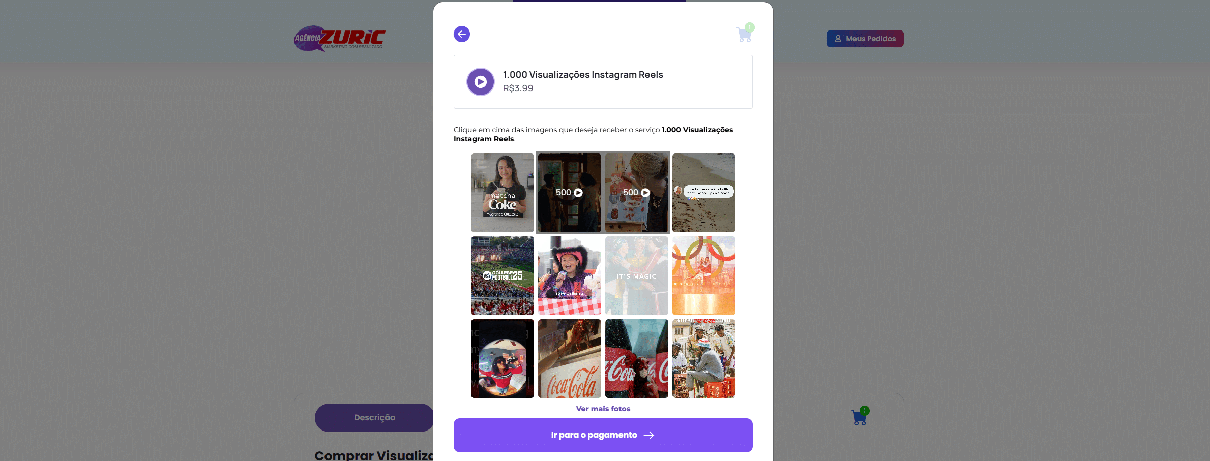 Popup para seleção dos vídeos no Instagram