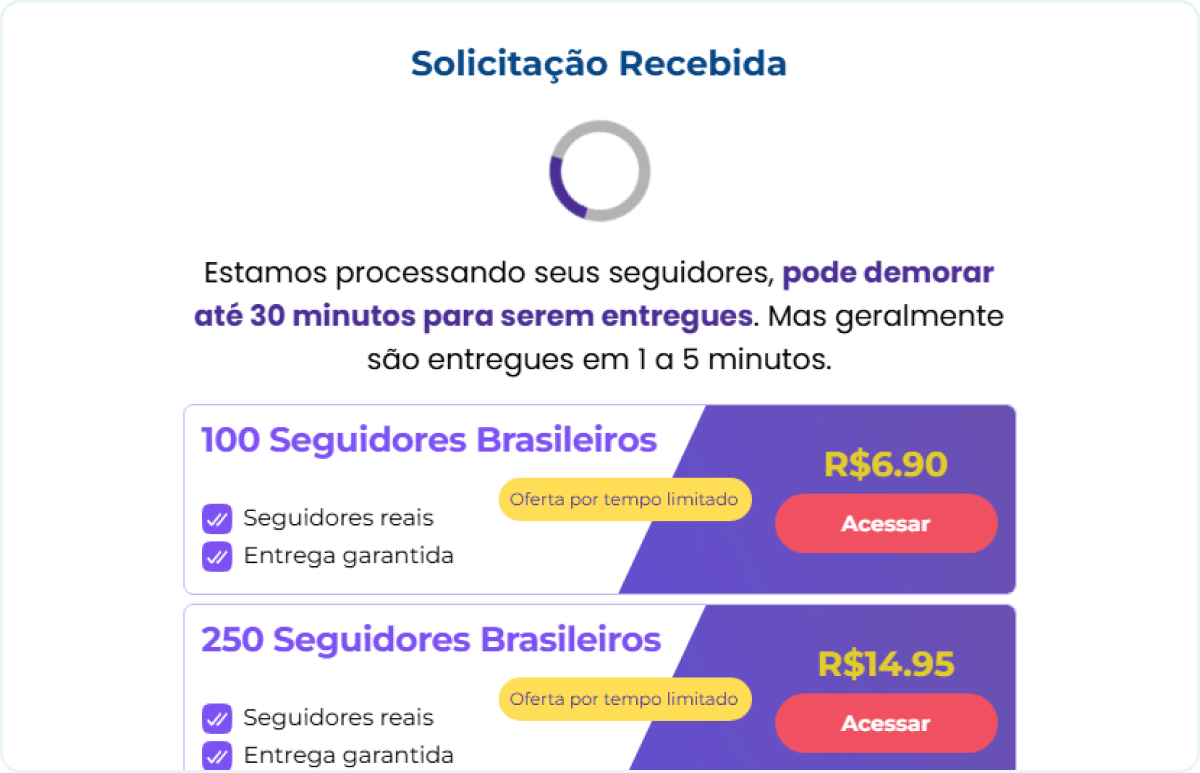Pedido de teste grátis de seguidores recebido com sucesso.