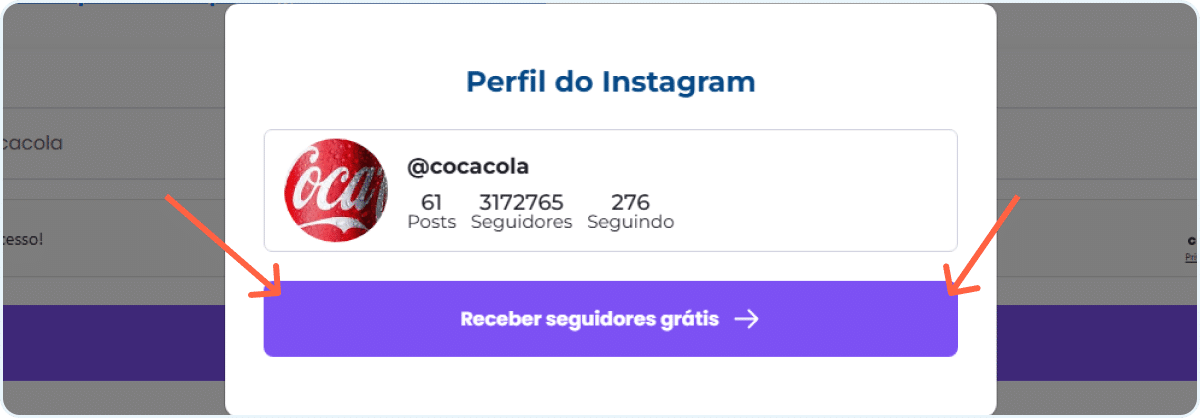Popup mostrando o usuário do Instagram que irá receber os seguidores no Instagram grátis
