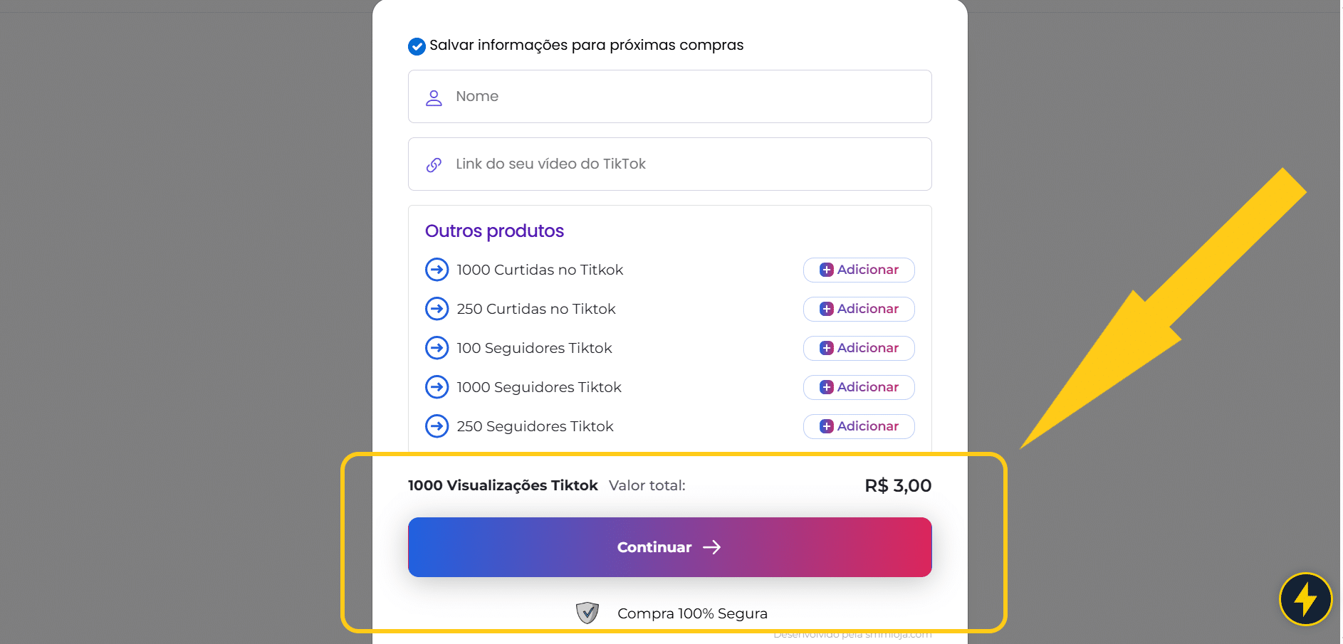 Comprar Visualizações Tiktok, Por 1 Real - 2026 4 Print mostrando informações a preencher ao comprar visualizações TikTok