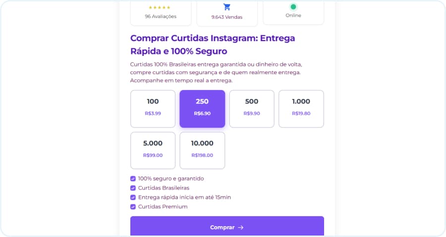 Comprar Curtidas Instagram: Entrega Rápida e 100% Seguro 3 Popup mostrando o processo de compra das curtidas para Instagram - AgenciaZuric