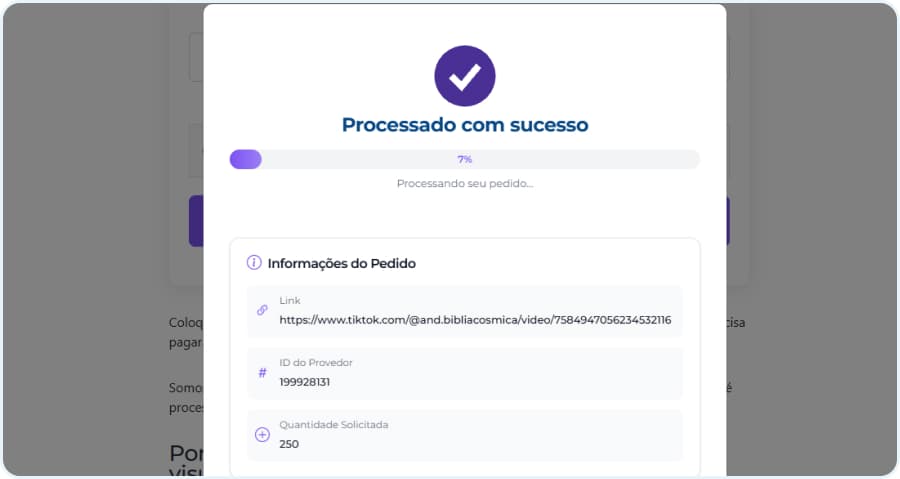 Ganhar Visualizações no Tiktok Grátis 2 Popup mostrando que o pedido de visualizações grátis para o Tiktok foi processado com sucesso