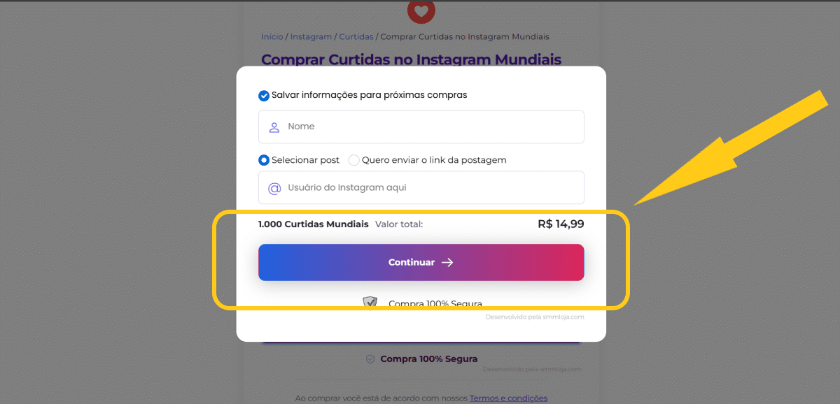 Comprar Curtidas no Instagram Mundiais 2 Print mostrando dados para preencher ao comprar curtidas no Instagram mundiais